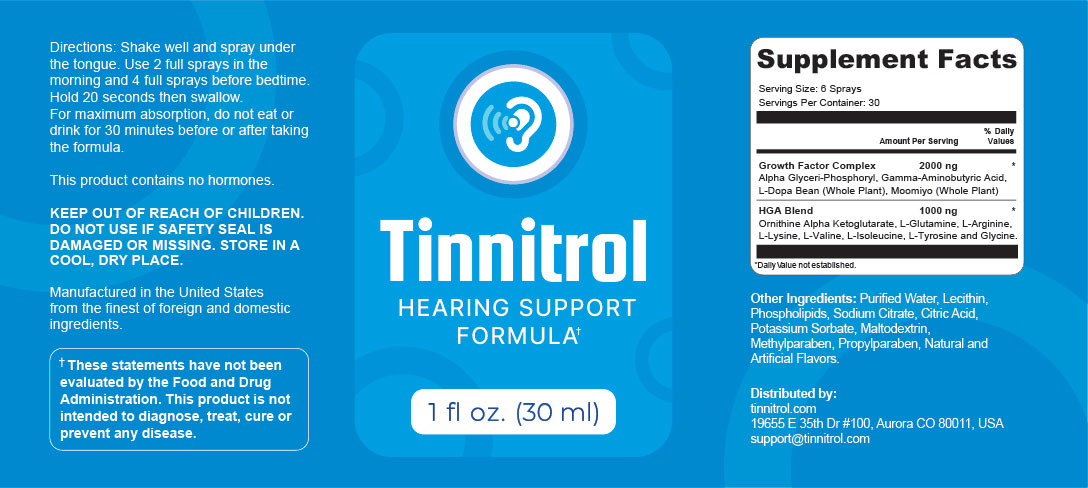 Tinnitrol Hearing Support Formula supplement facts label showing growth factors, HGA blend, and ingredients in 1 fl oz spray bottle