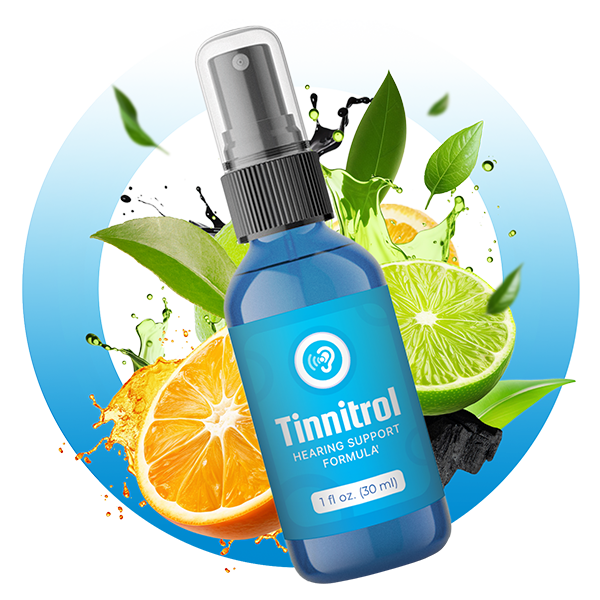 Tinnitrol hearing support formula spray bottle surrounded by citrus, lime, and green leaf ingredients with dynamic splash effects
